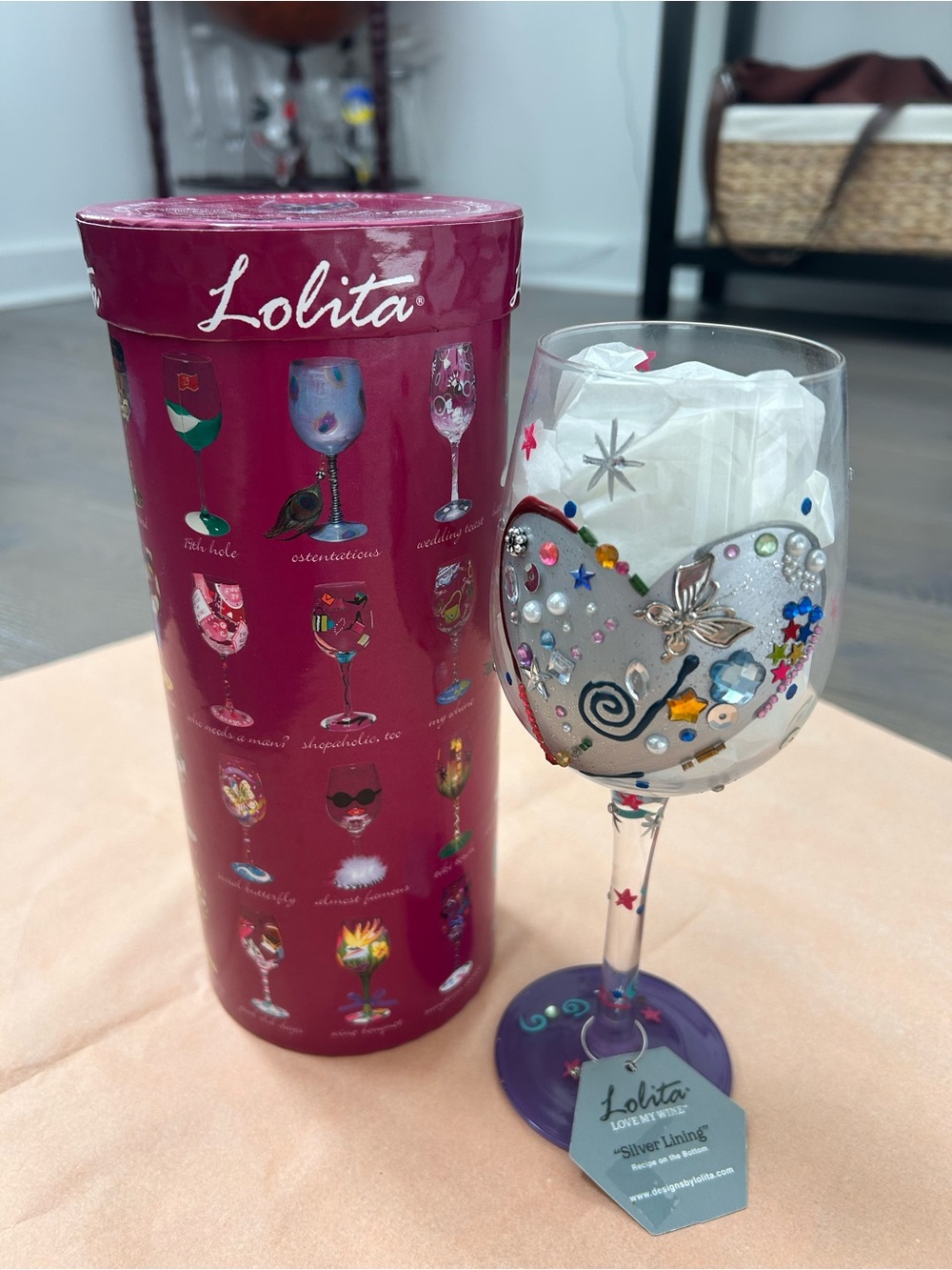 NWT! Lolita Bejeweled Wine Glass: Silver Lining w/ recipe